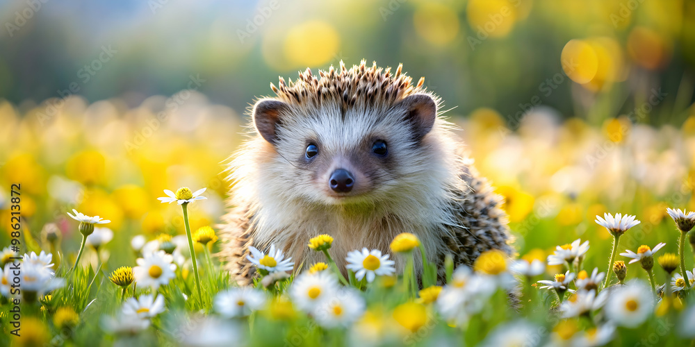 Cute and happy hedgehog sitting in a field of flowers, happy, hedgehog, animal, wildlife, adorable, spines, prickly, small Cute and happy hedgehog sitting in a field of flowers, happy, hedgehog, animal, wildlife, adorable, spines, prickly, small
