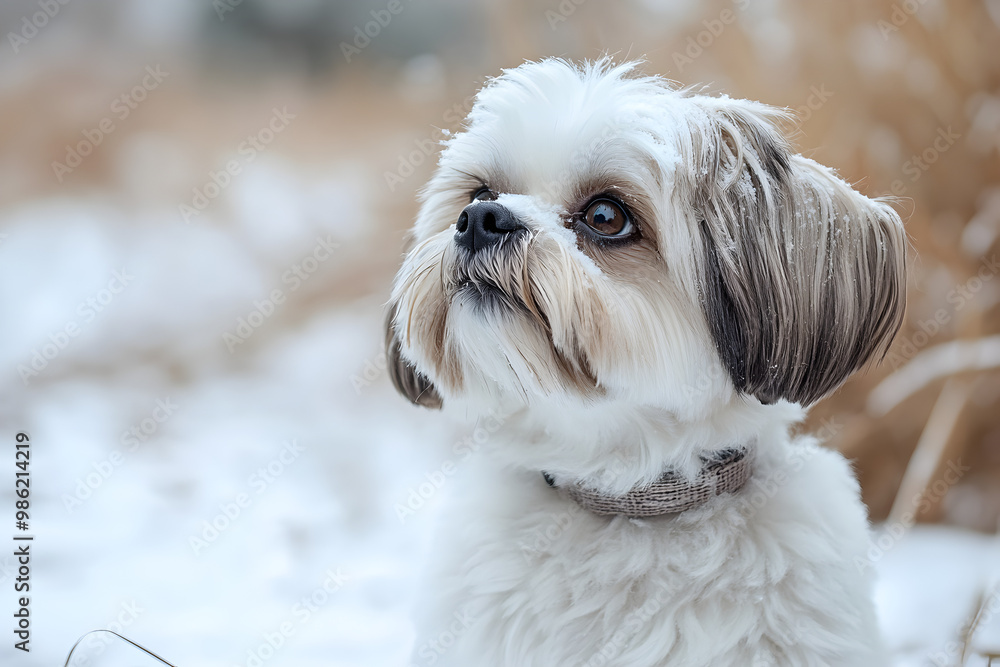 Shih Tzu Dog Portrait in Winter Park, Fluffy Pet in Snowy Outdoors Shih Tzu Dog Portrait in Winter Park, Fluffy Pet in Snowy Outdoors