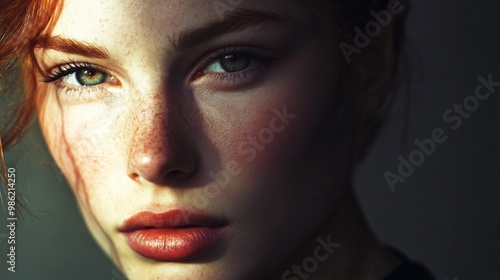 A high-resolution image of a woman with striking features and a subtle, serene expression, highlighting her unique beauty and poise in a minimalistic environment. photo