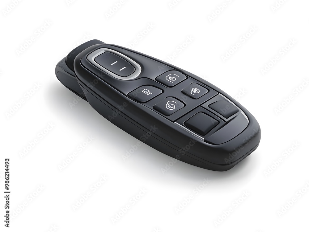 Modern black car key with multiple buttons and a silver accent. Modern black car key with multiple buttons and a silver accent.