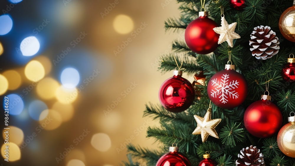 Close-up festive image of a decorated Christmas tree with shiny red baubles, gold stars, and silver pinecones, blurred bokeh lights creating a warm atmosphere, generative AI Close-up festive image of a decorated Christmas tree with shiny red baubles, gold stars, and silver pinecones, blurred bokeh lights creating a warm atmosphere, generative AI