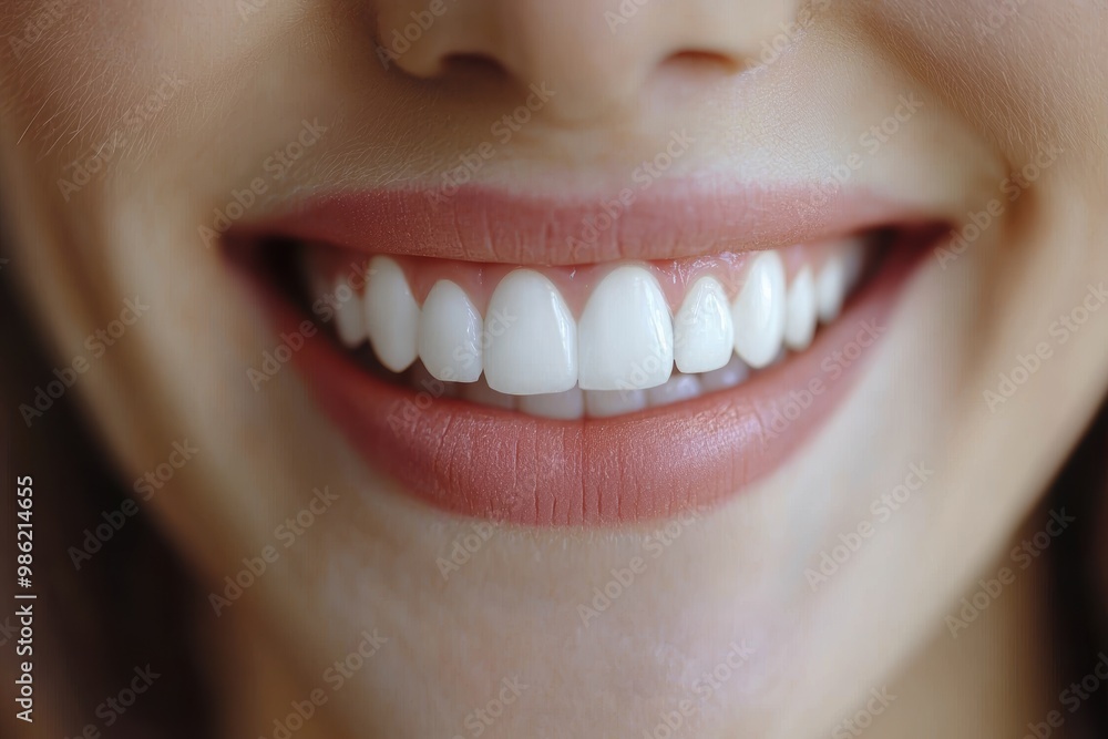 Fototapeta premium Beautiful female face with perfect smile and white teeth. Close up