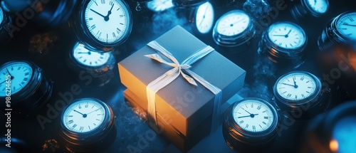 A gift box surrounded by numerous clocks, symbolizing the preciousness of time and anticipation. photo