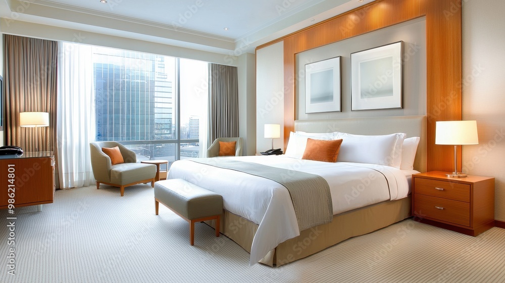 Modern Hotel Room with Elegant Design and City View Modern Hotel Room with Elegant Design and City View
