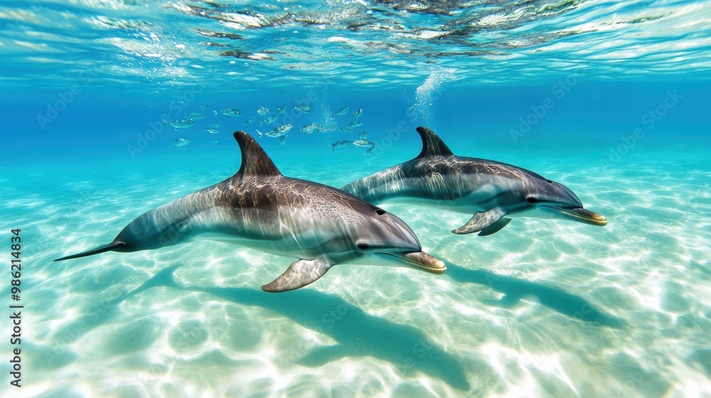 Fototapeta premium Playful Dolphins Swimming in Crystal Clear Water
