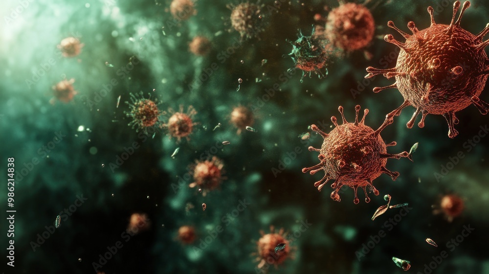 Close-up of red virus particles with spikes on a green background. Close-up of red virus particles with spikes on a green background.