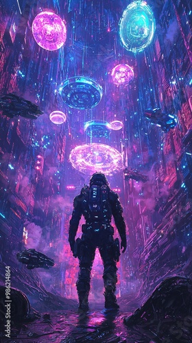 Surreal Sci-Fi Warrior in a Neon Dystopian Landscape