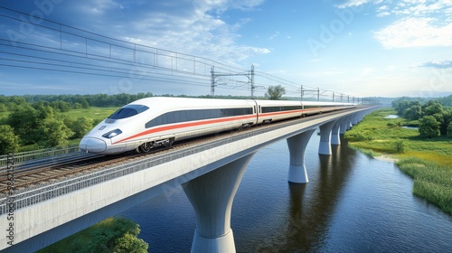 Wallpaper Mural A high-speed train crossing a modern bridge with a scenic river below, emphasizing its design and the advanced engineering of the rail system. Torontodigital.ca