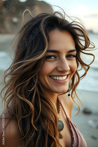 A young woman with long, wavy hair smiles brightly at the camera. She is standing on a beach with the ocean in the background, wearing a light purple top and a necklace. photo