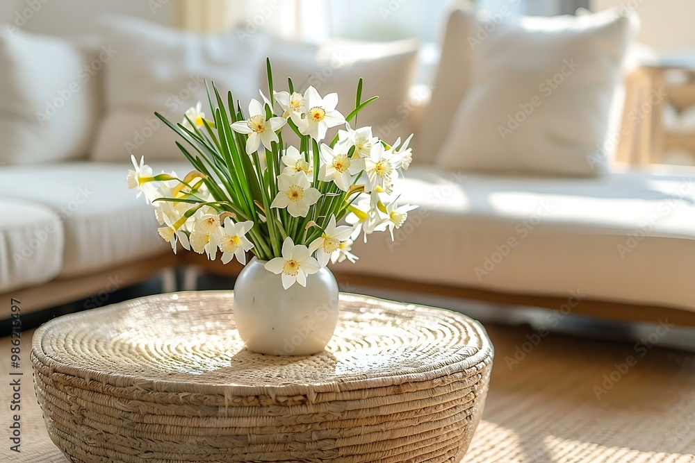 white daffodils in vase on table in living room white daffodils in vase on table in living room