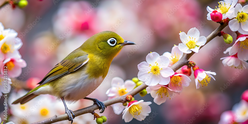 Plum blossoms and Japanese white-eyes feeding on flower nectar, plum blossoms, Japanese white-eyes, birds, nature, wildlife Plum blossoms and Japanese white-eyes feeding on flower nectar, plum blossoms, Japanese white-eyes, birds, nature, wildlife