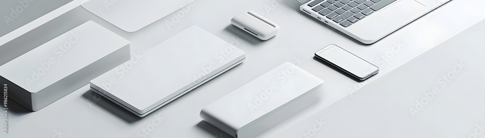White laptop and other white objects on a white surface. White laptop and other white objects on a white surface.