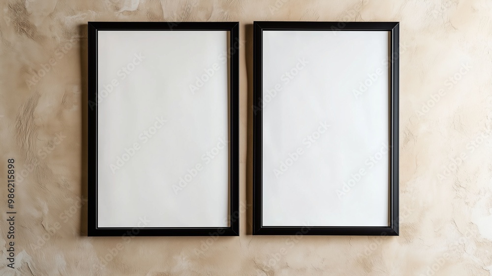 Pair of blank vertical frames on a beige wall, their black borders adding sleek contrast to the soft, neutral backdrop. Pair of blank vertical frames on a beige wall, their black borders adding sleek contrast to the soft, neutral backdrop.