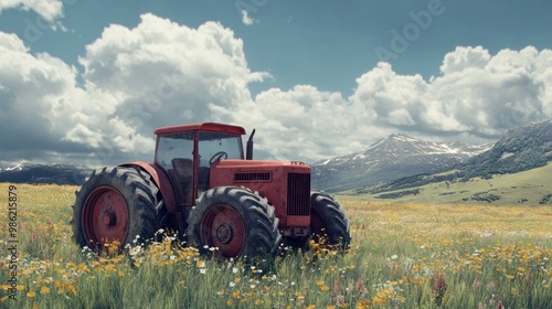 Red tractor parked in a field of wildflowers with a mountain range in the background.