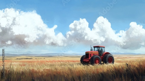 A red tractor sits in a field of tall grass with a blue sky and white clouds.