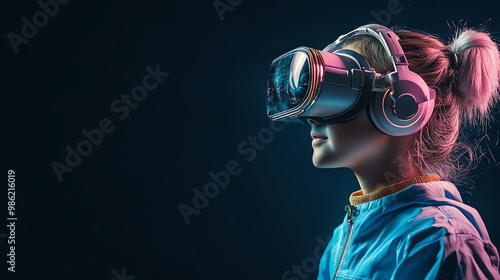 Young woman immersed in virtual reality with VR headset, exploring futuristic technology. Side profile, dark background, neon lighting.