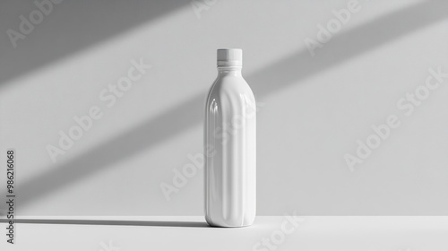 White bottle with a white cap on a white surface with shadows.