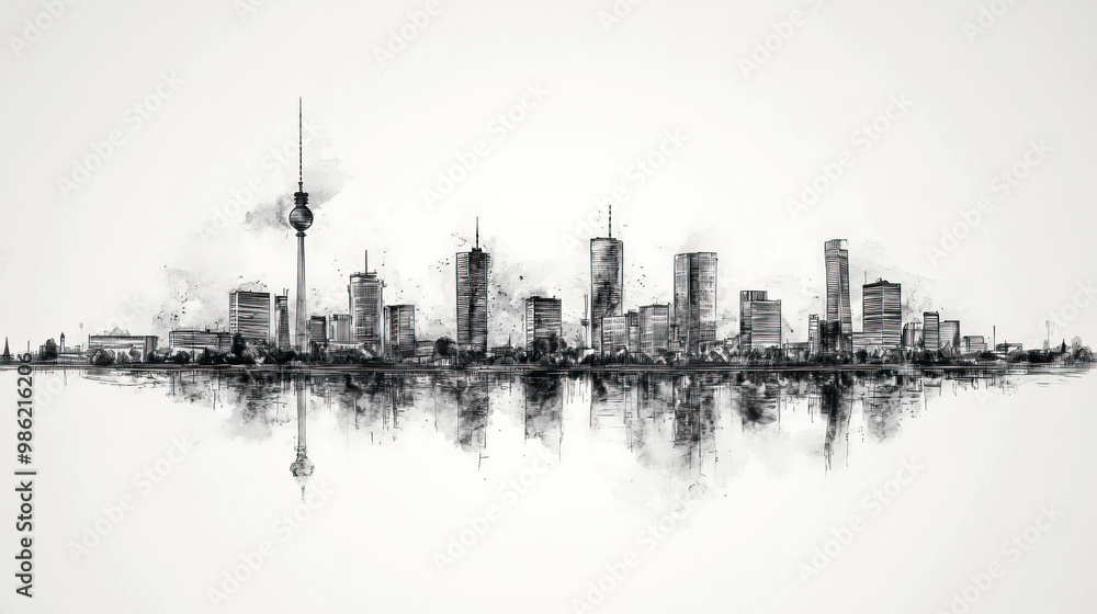 Obraz premium Gelsenkirchen, Germany, black and white pen pencil hand-drawn effect drawing illustration for travel poster, card, wallpaper, backdrop or banner. Modern, clear, artistic and simple