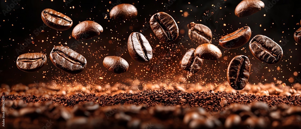 A close-up of coffee beans falling onto a dark brown background A close-up of coffee beans falling onto a dark brown background