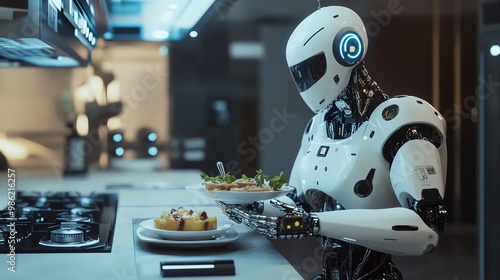 A futuristic robot chef preparing healthy meals in a modern kitchen, showcasing technology and culinary innovation. photo