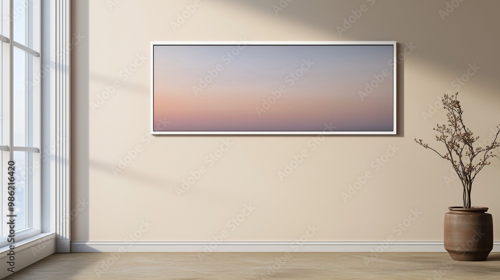 Single horizontal frame hung at eye level on a beige wall, with a clean, minimal design, emphasizing a sleek and neutral aesthetic. Single horizontal frame hung at eye level on a beige wall, with a clean, minimal design, emphasizing a sleek and neutral aesthetic.