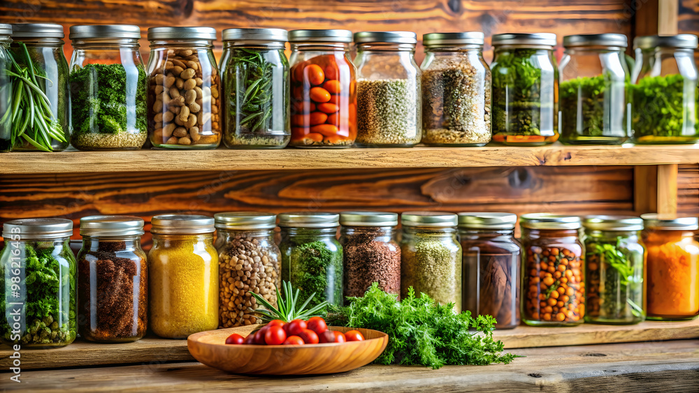 Glass jars filled with fresh herbs and spices neatly arranged on a wooden shelf Glass jars filled with fresh herbs and spices neatly arranged on a wooden shelf
