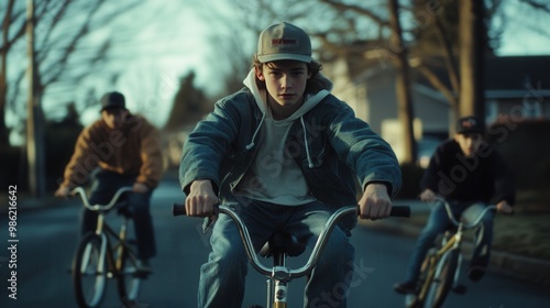 A group of teens riding BMX bikes through the neighborhood in the 90s, wearing backward caps and baggy jeans