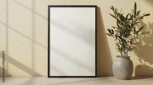 Single large horizontal frame leaning gently against a beige wall, creating a casual yet elegant minimalistic look.