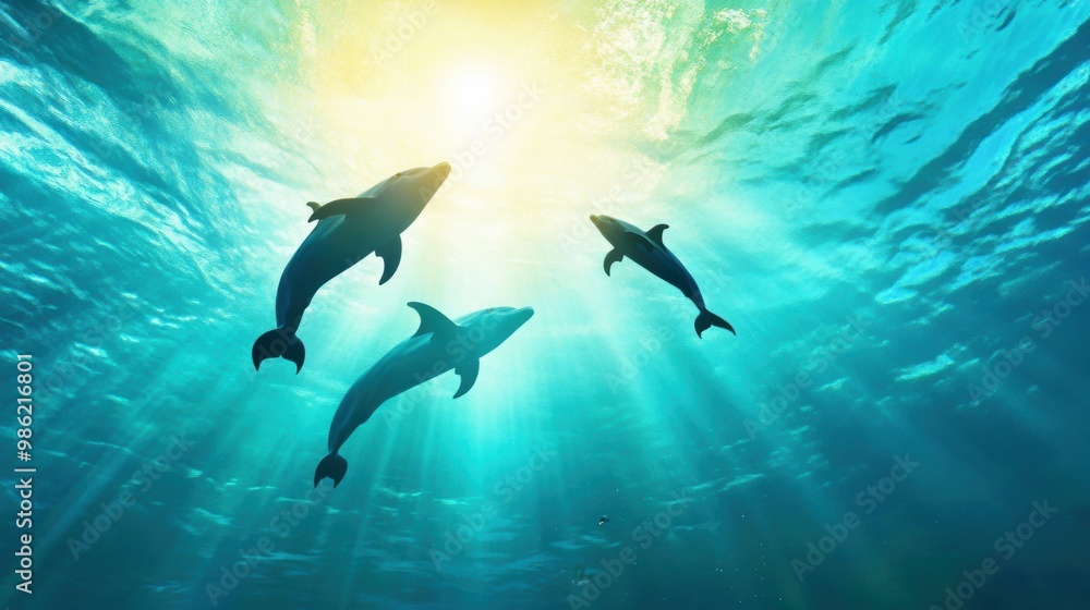 Fototapeta premium Playful Dolphins Swimming Underwater in Sunlit Ocean