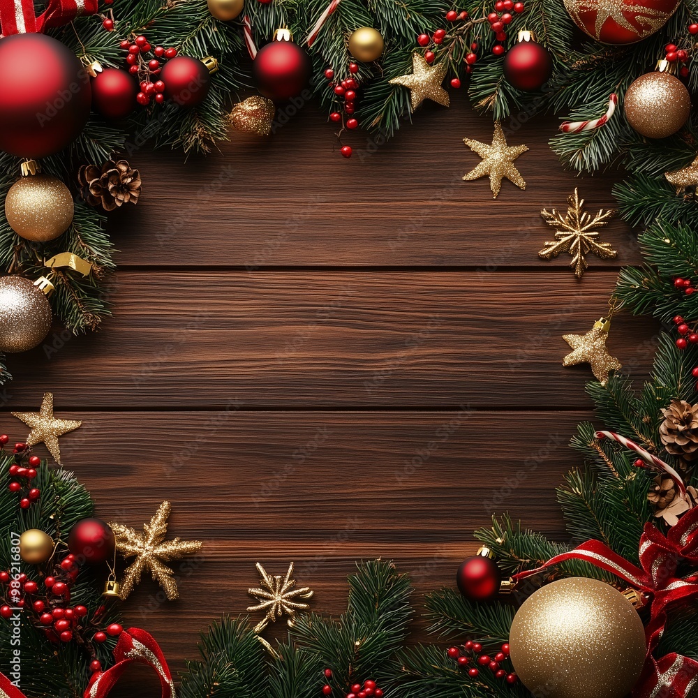 christmas background with christmas balls and fir branches with copy space on wooden floor christmas background with christmas balls and fir branches with copy space on wooden floor
