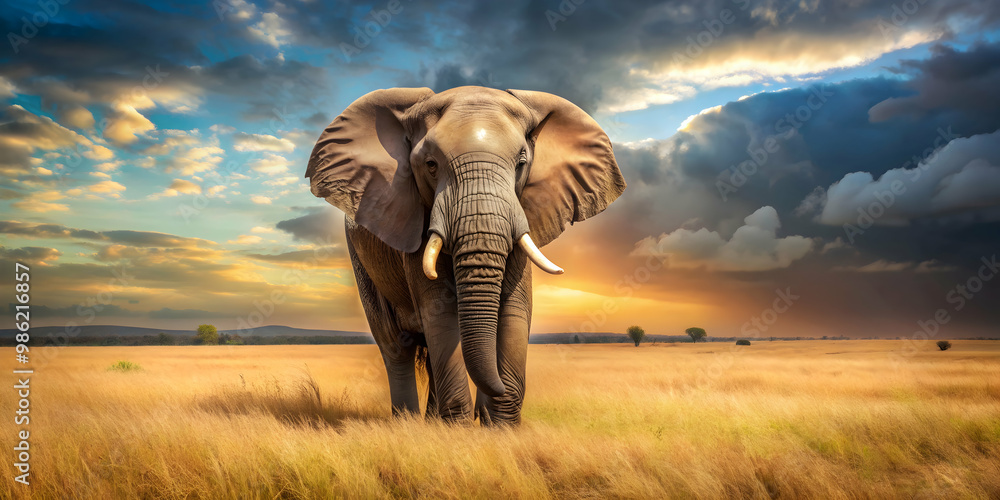 Obraz premium Majestic elephant standing in the savannah , wildlife, Africa, safari, giant, tusks, trunk, mammal, nature, big, safari