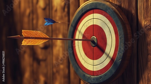 A single arrow hits the bullseye of a round target with another arrow slightly off-center. photo