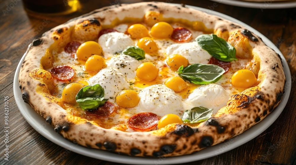 Delicious pizza with mozzarella, yellow tomatoes, and basil on a white plate. Delicious pizza with mozzarella, yellow tomatoes, and basil on a white plate.