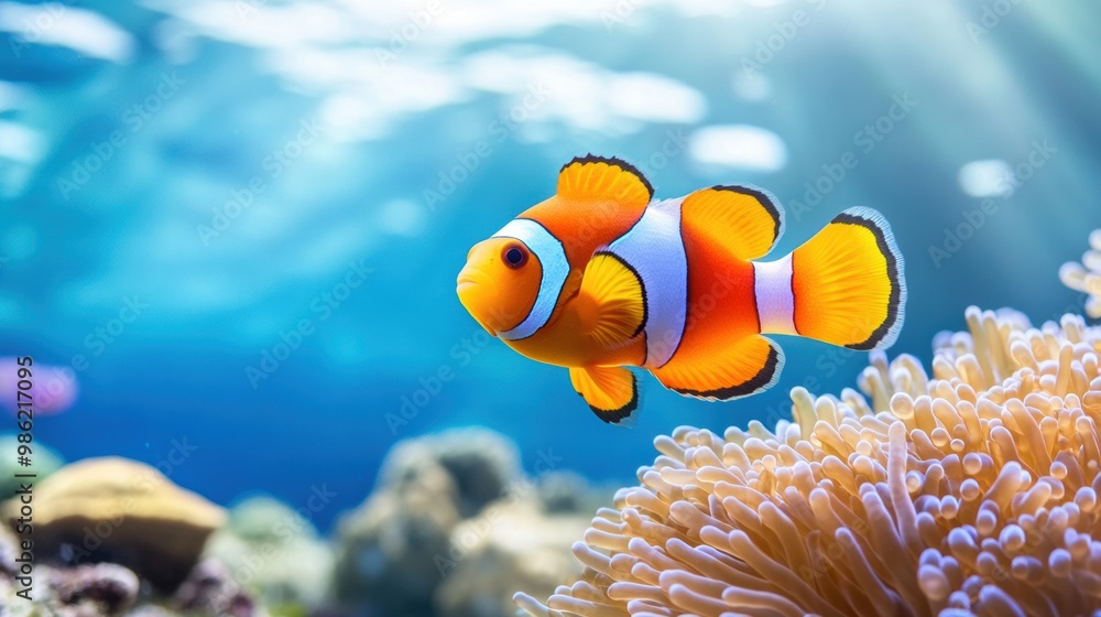Vibrant Clownfish Swimming Among Coral Reef Vibrant Clownfish Swimming Among Coral Reef
