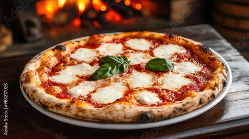 Wallpaper Mural Close-up of a freshly baked pizza with mozzarella cheese, tomato sauce, and basil leaves on a white plate. Torontodigital.ca