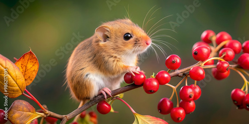 Harvest mouse perched on a plant munching on berries in Indiana, USA, Harvest mouse, rodent, small mammal, plant, nature, wildlife