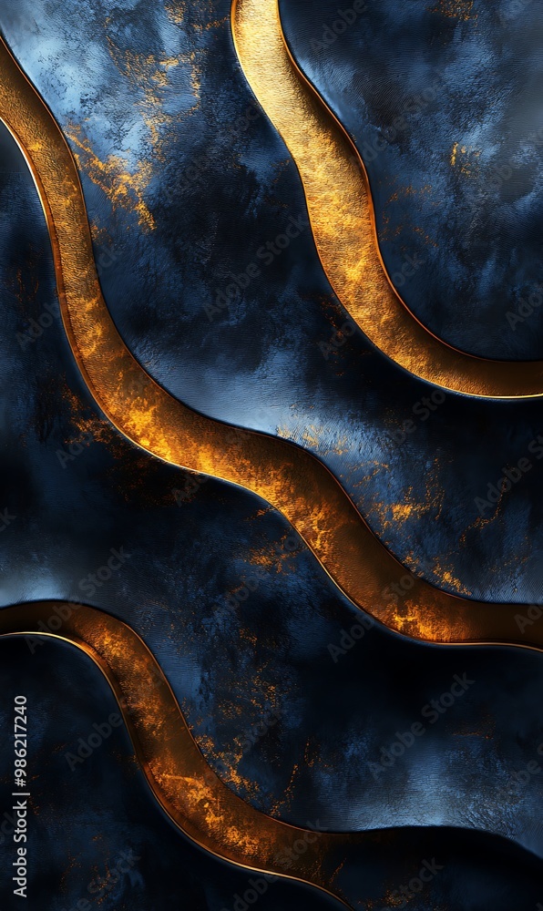 Abstract metallic background with blue and gold wavy lines. Abstract metallic background with blue and gold wavy lines.