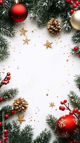 christmas frame with christmas ornaments and fir branches on white background top view vertical shot