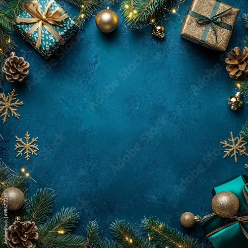 christmas background with christmas balls and fir branches and gift boxes with copy space