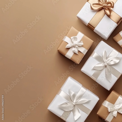 brown and white gift boxes on brown floor with copy space