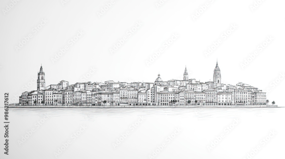 Obraz premium Gijn, Spain, black and white pen pencil hand-drawn effect drawing illustration for travel poster, card, wallpaper, backdrop or banner. Modern, clear, artistic and simple