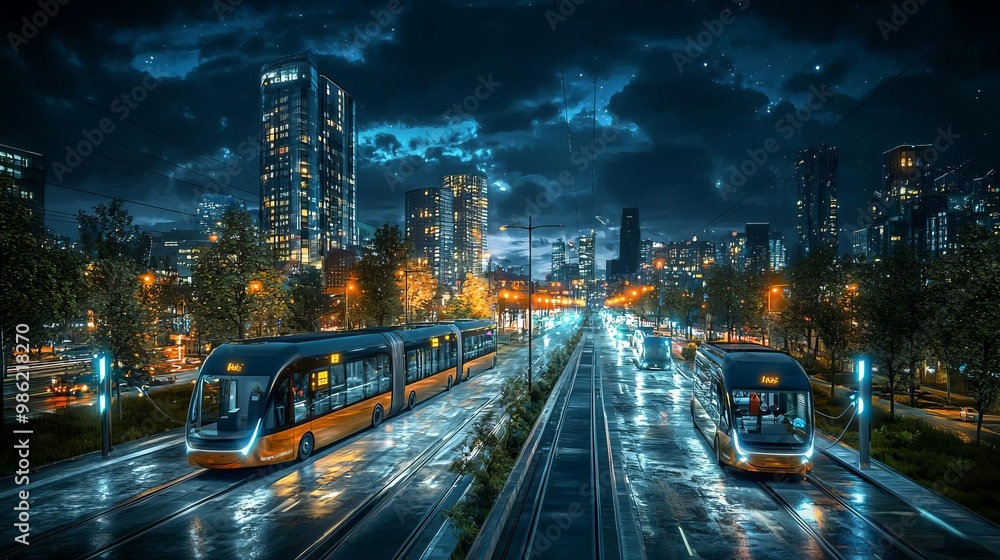 Naklejka premium A night scene of a vibrant downtown area illuminated by streetlights