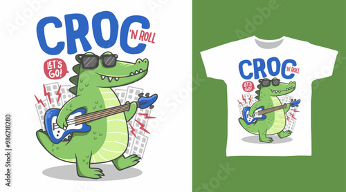 Cute Crocodile Play Guitar Vector Illustration T-shirt Designs.