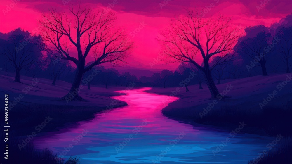 Fototapeta premium A serene landscape at twilight, featuring a winding river, silhouetted trees, and a vibrant pink and purple sky.