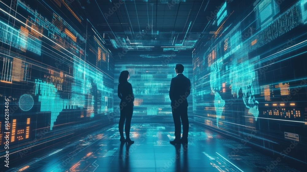 A man and woman stand in a futuristic room with a glowing blue digital world on the walls. A man and woman stand in a futuristic room with a glowing blue digital world on the walls.
