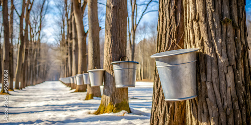 Traditional sap buckets hanging on maple trees in early spring , maple trees, traditional, sap buckets