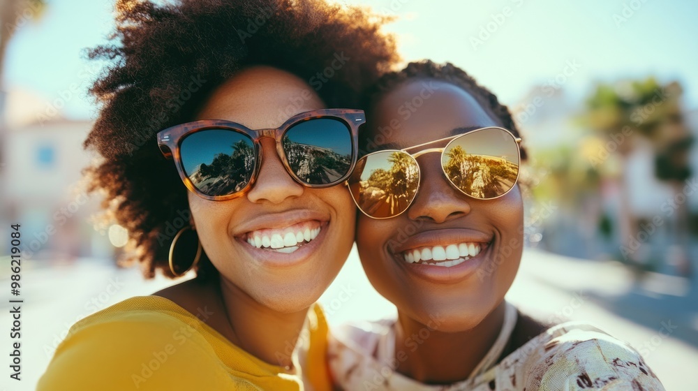 Two happy young women friends are wearing sunglasses and smiling at the camera. Two happy young women friends are wearing sunglasses and smiling at the camera.