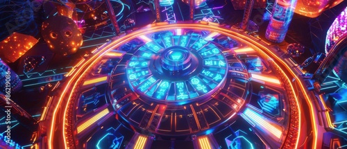 Wallpaper Mural A futuristic Wheel of Fortune with glowing neon holographic sections, spinning in a space-themed arena, cyberpunk style, vibrant colors Torontodigital.ca