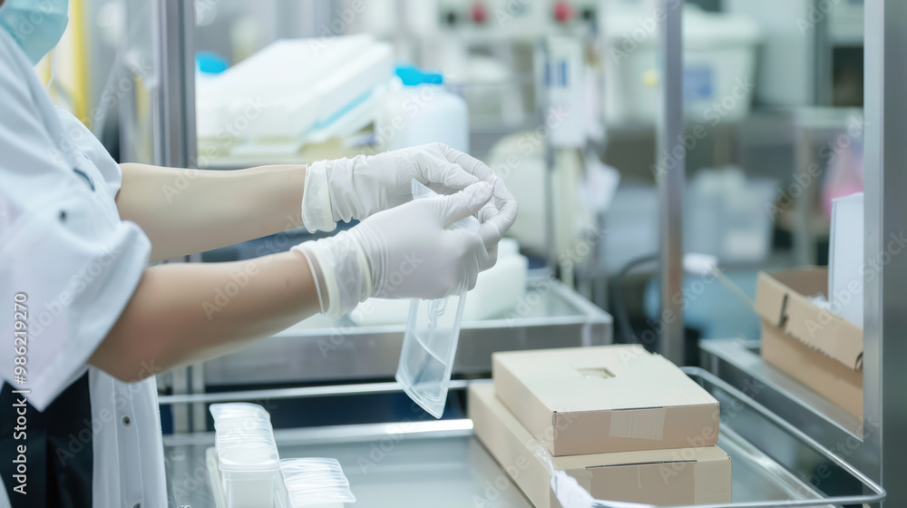 A healthcare professional in gloves prepares medical supplies in sterile environment, showcasing attention to detail and safety in clinical setting A healthcare professional in gloves prepares medical supplies in sterile environment, showcasing attention to detail and safety in clinical setting