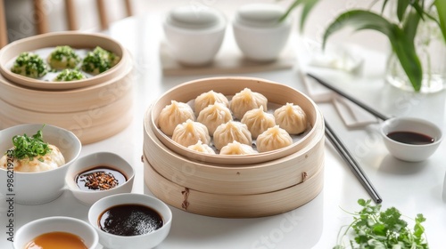 A modern dining setup with a steaming basket of siu mai and bao buns, accompanied by dipping sauces and chopsticks, arranged on a clean white table.